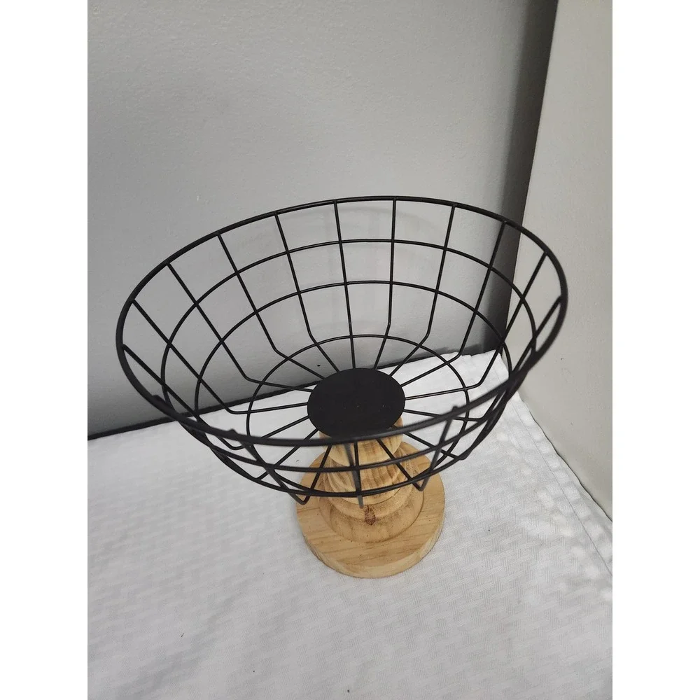 Modern Farmhouse Black Wire Basket with Natural Wood Pedestal Base Fruit Bowl
